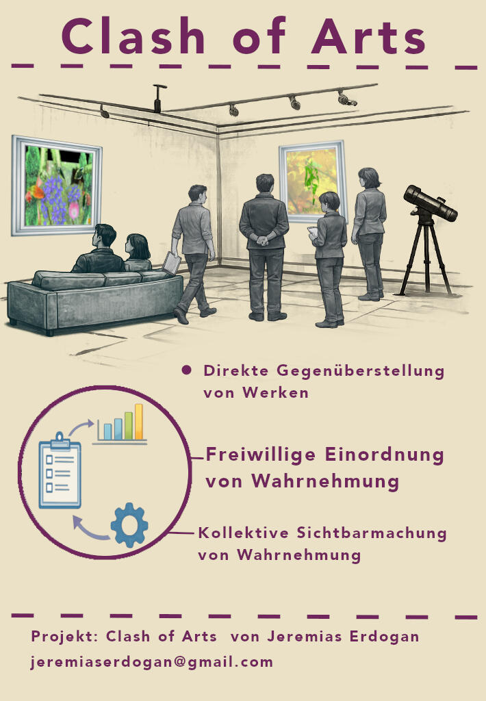 Infografik zum Projekt „Clash of Arts“ mit Ausstellungsraum, Besuchergruppe und Kamera. Das Projekt zeigt ein partizipatives Format zur Gegenüberstellung von Kunstwerken und zur Sichtbarmachung individueller Wahrnehmung.